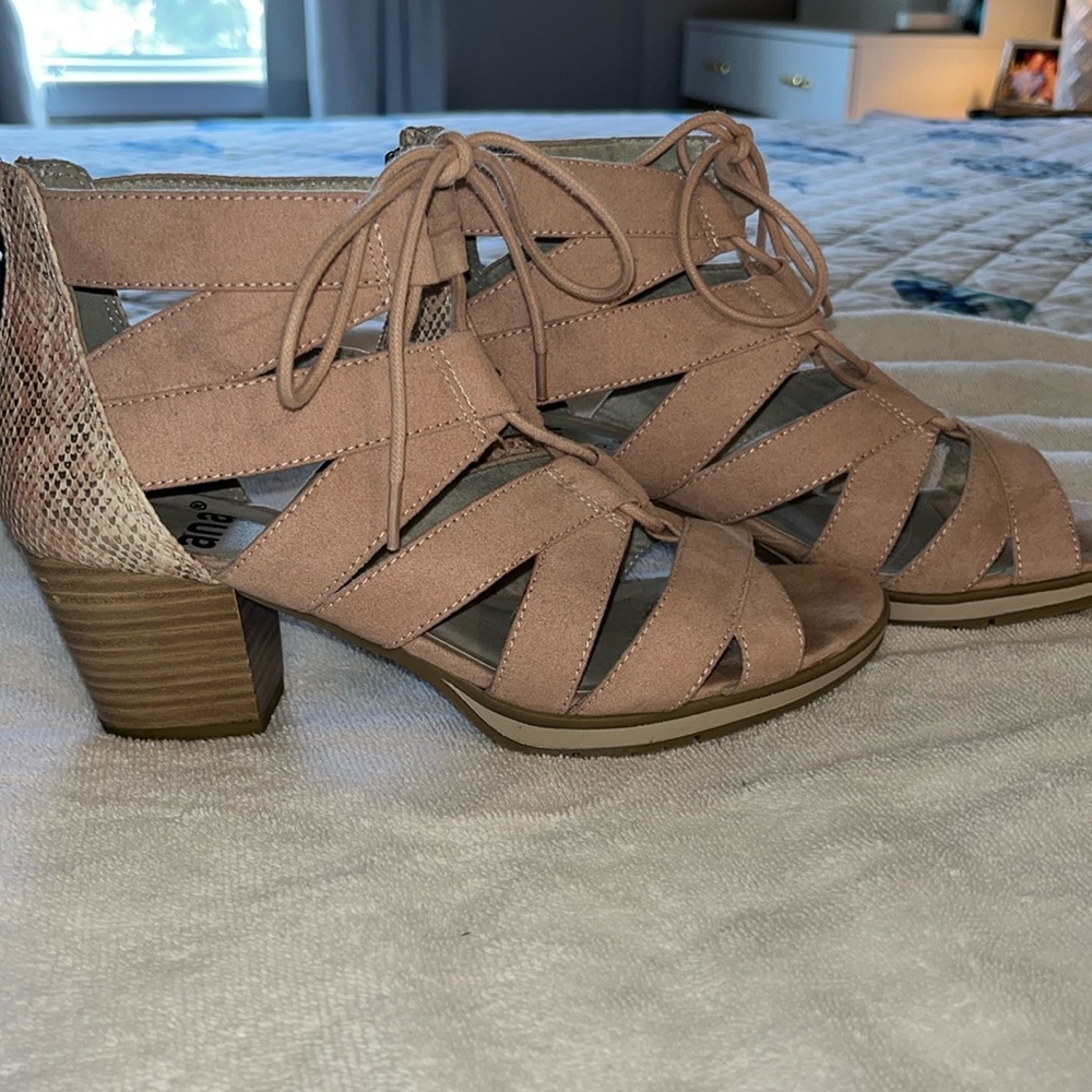 Pink suede lace up booties, size 6